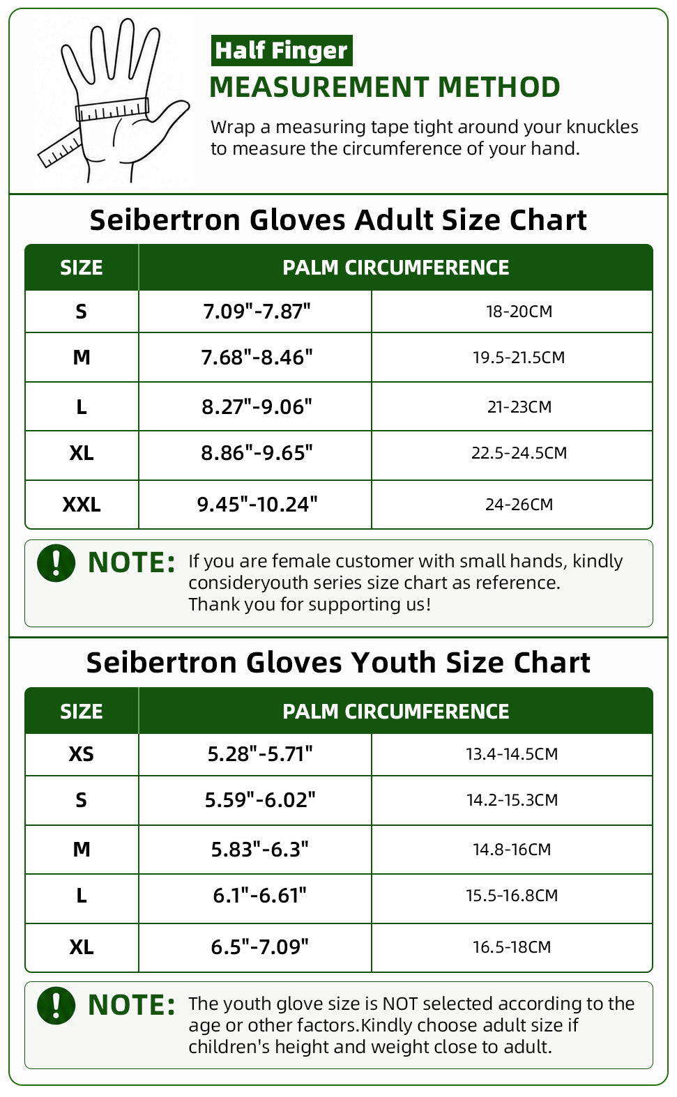 Seibertron half finger football lineman gloves adult and youth size chart with hand measurement method